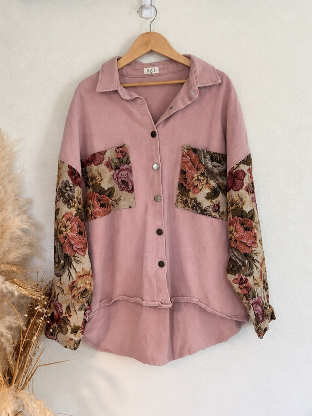POL Floral Tapestry Sleeve Oversized Shacket Pink Small